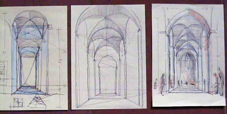 Architekturzeichnen in gotischer Kirche 2